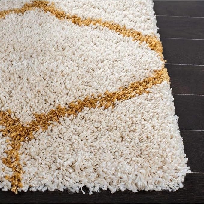 Off White & Mustard Moroccan Microfiber Plush Shaggy Carpet