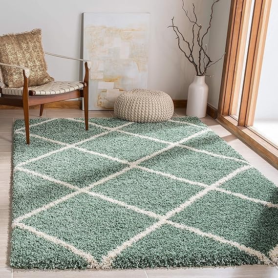 Green & Ivory Handcrafted Microfiber Super Soft Diamond Trellis High Density Shaggy Carpet