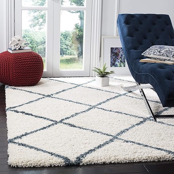 Ivory & Slate Blue Handcrafted Microfiber Super Soft Diamond Trellis High Density Shaggy Carpet