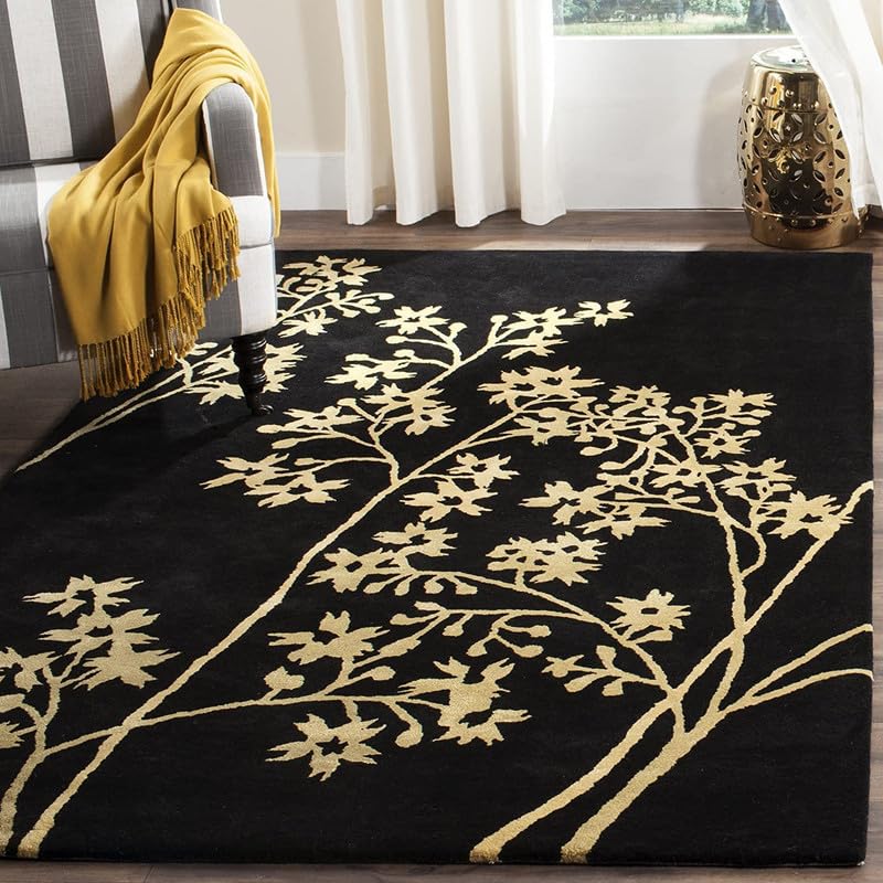 Black & Yellow Floral Hand Tufted Wool Carpet For Living Room & Bed Room