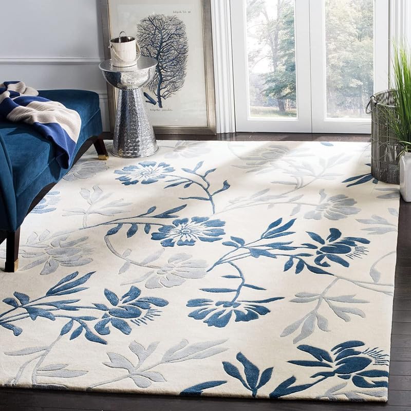 Blue & White Floral Hand Tufted Wool Rug For Living Room & Bed Room