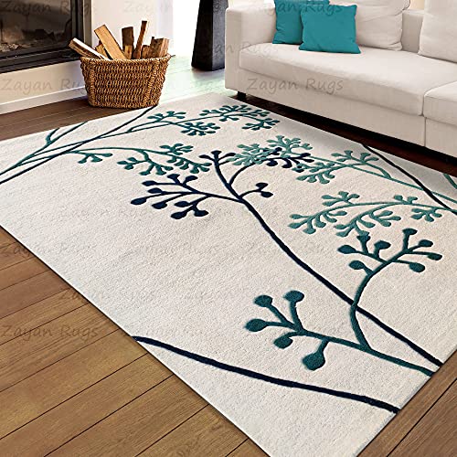 Ivory & Blue Floral Hand Tufted Wool Rug For Living Room & Bed Room