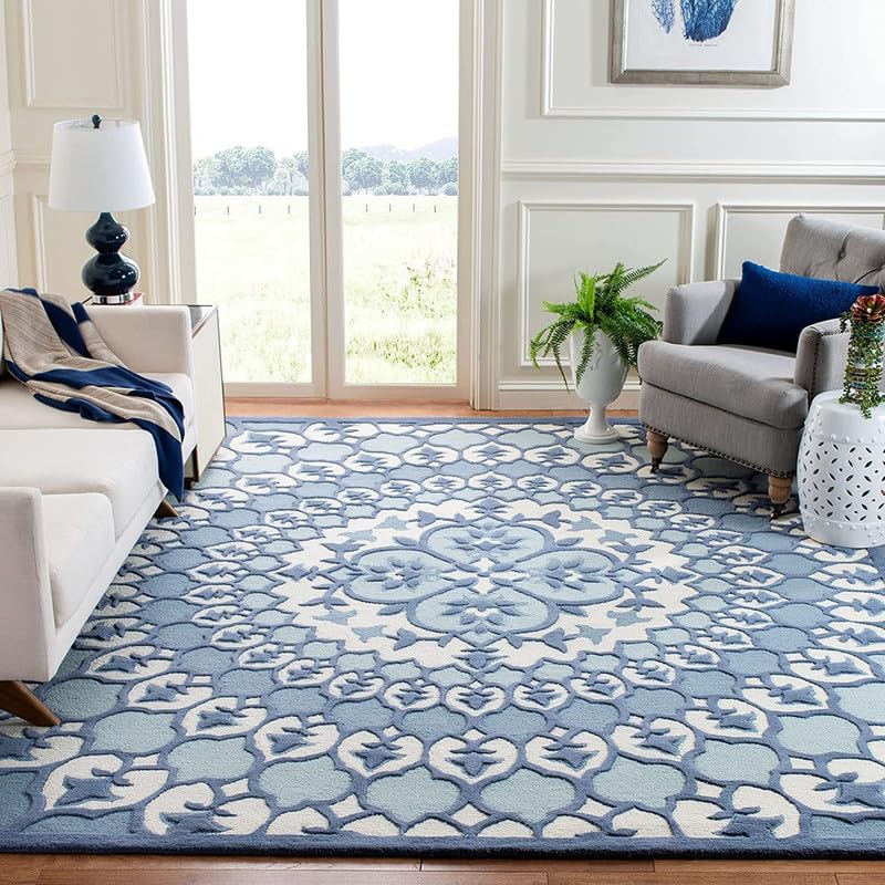 Blue Floral Hand Tufted High Low Pile Wool Carpet