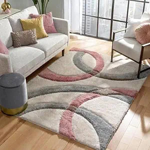 Pink & Grey Handmade Microfiber Super Soft Geometric Anti Skid Shaggy Carpet