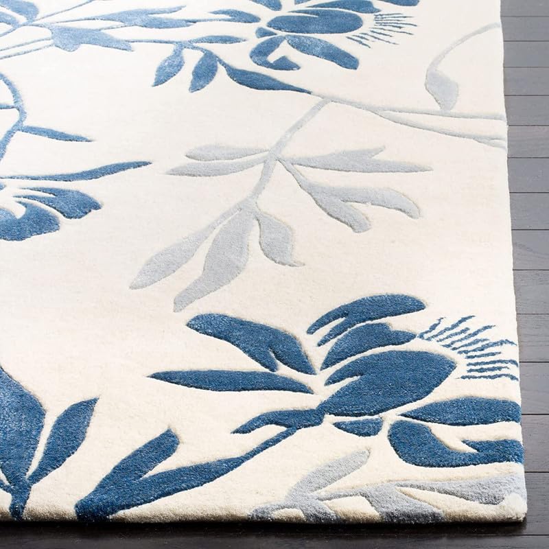 Blue & White Floral Hand Tufted Wool Rug For Living Room & Bed Room