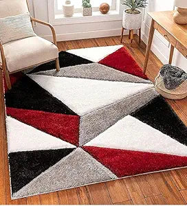 Red & White Handmade Microfriber Soft & Plush Geometric Shaggy Carpet