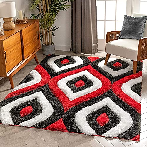 Maroon & Grey Multi Coloured Handmade 3D Edge Super Soft Microfiber & Polyester Shag Rug For Bedroom & Living Room