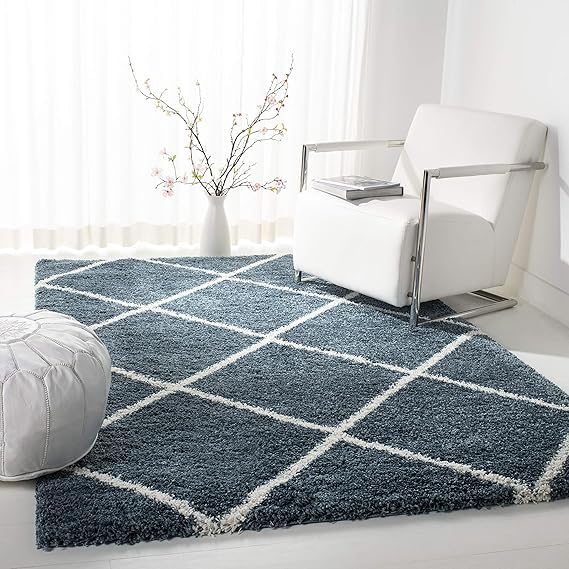 Slate Blue & Ivory Handcrafted Microfiber Super Soft Diamond Trellis High Density Shaggy Carpet