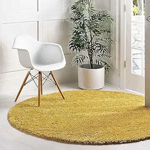 Mustard Handcrafted Round Solid Microfiber Plush Anti Skid Shaggy Carpet