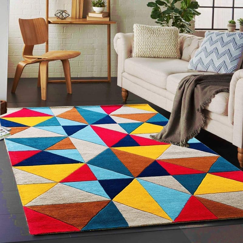 Multi Coloured Geometric Hand Tufted Rug For Bed Room & Living Room