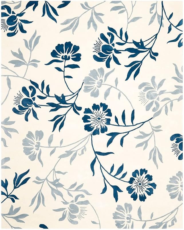 Blue & White Floral Hand Tufted Wool Rug For Living Room & Bed Room