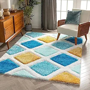 Turquoise Blue & Yellow Handcrafted Microfriber Fluffy Geometric Shaggy Carpet