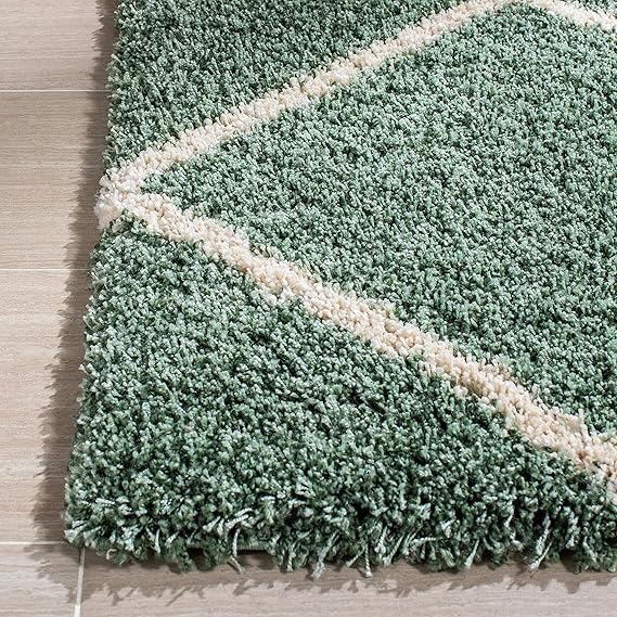 Green & Ivory Handcrafted Microfiber Super Soft Diamond Trellis High Density Shaggy Carpet