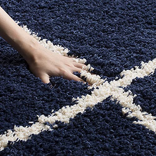 Navy Blue Round Trellis Microfiber Super Soft Anti Skid Shaggy Rug