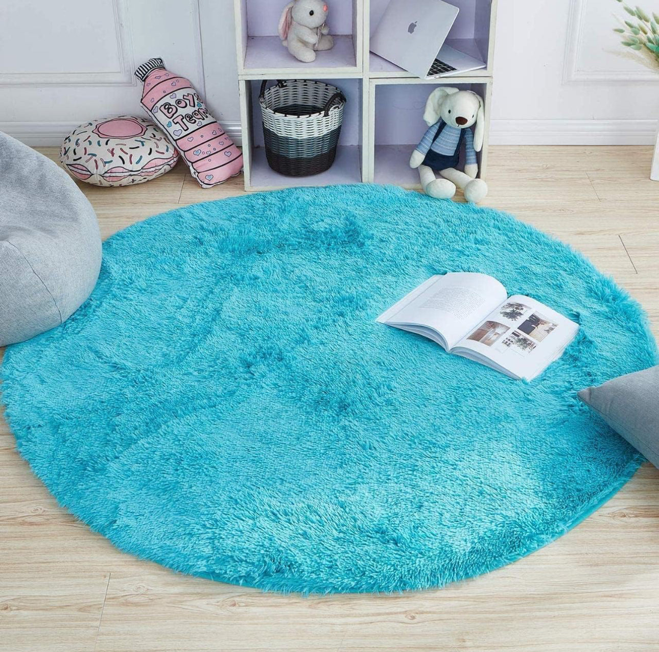 Sky Blue Handcrafted Round Solid Microfiber Plush Anti Skid Shaggy Carpet
