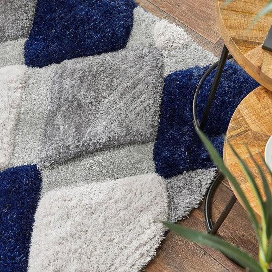 Blue & White Handcrafted Microfiber Geometric Ultra Soft Shaggy Carpet