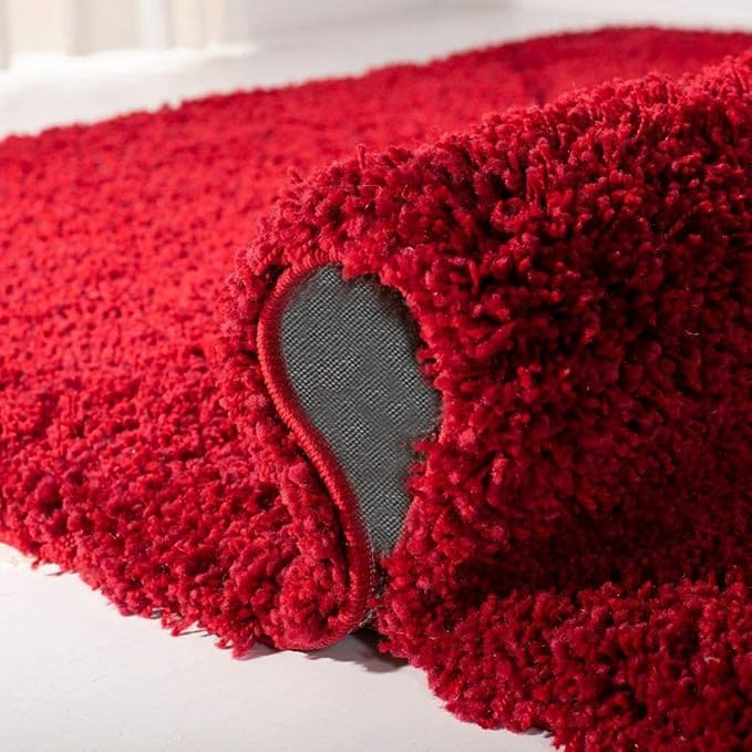 Red Handcrafted Round Solid Microfiber Plush Anti Skid Shaggy Carpet