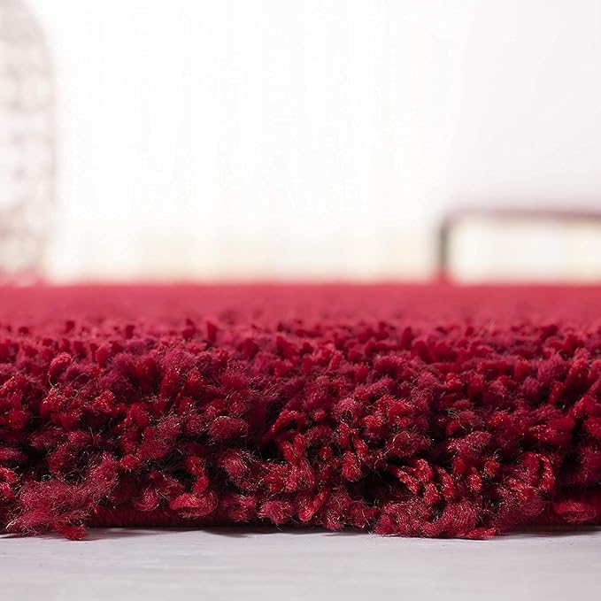 Red Handcrafted Round Solid Microfiber Plush Anti Skid Shaggy Carpet