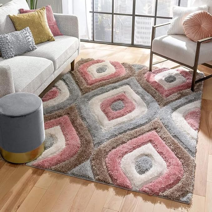 Peach & Grey Handwoven Microfiber Geometric Super Soft Shaggy Carpet