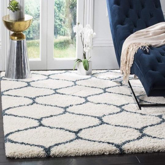 Off White & Blue Handcrafted Super Soft Microfiber Moroccan Shaggy Carpet