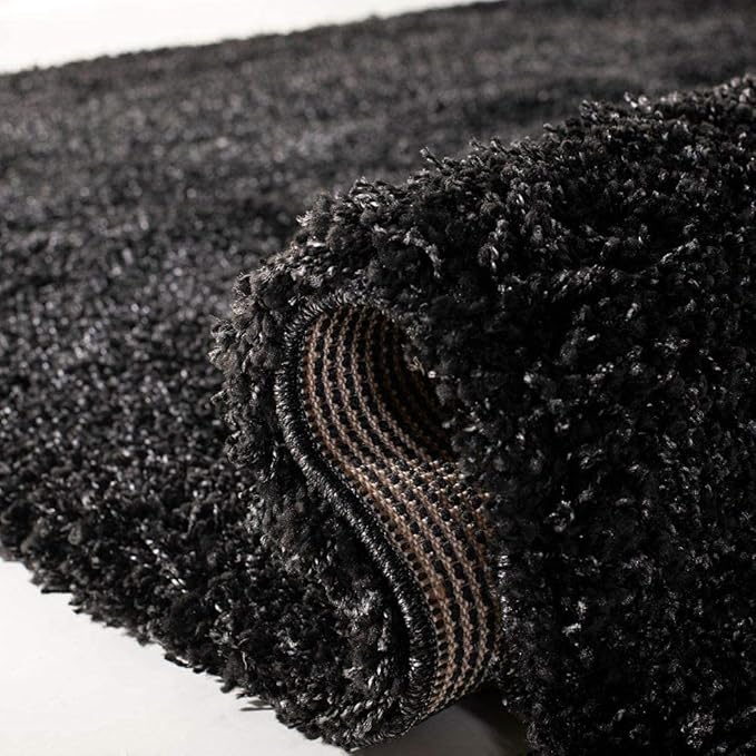 Black Handcrafted Round Solid Microfiber Plush Anti Skid Shaggy Carpet