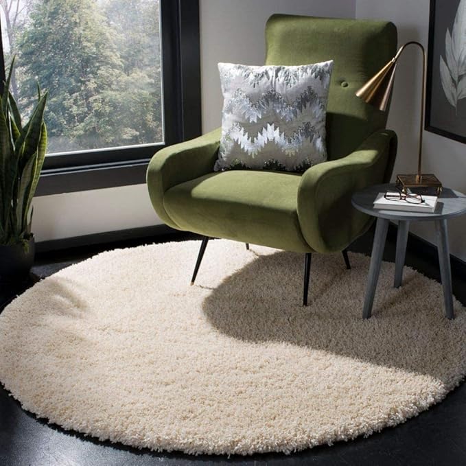 Ivory Handcrafted Round Solid Microfiber Plush Anti Skid Shaggy Carpet