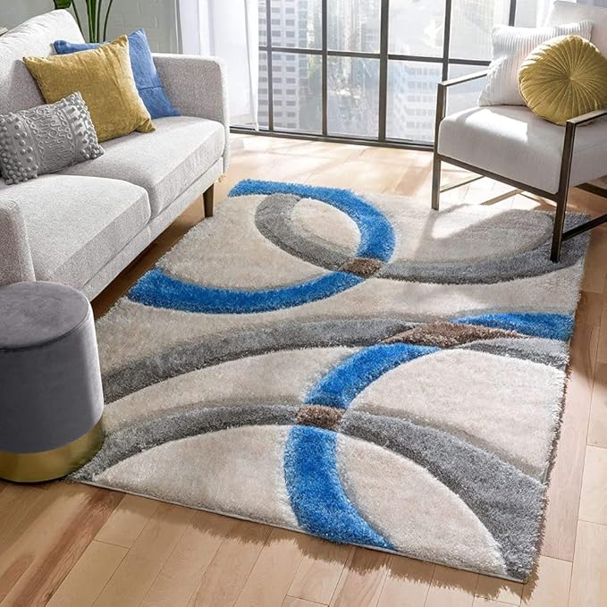 Grey & Blue Handmade Microfiber Super Soft Geometric Anti Skid Shaggy Carpet