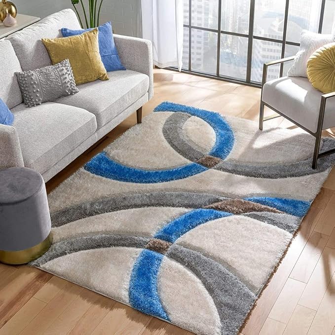 Grey & Blue Handmade Microfiber Super Soft Geometric Anti Skid Shaggy Carpet