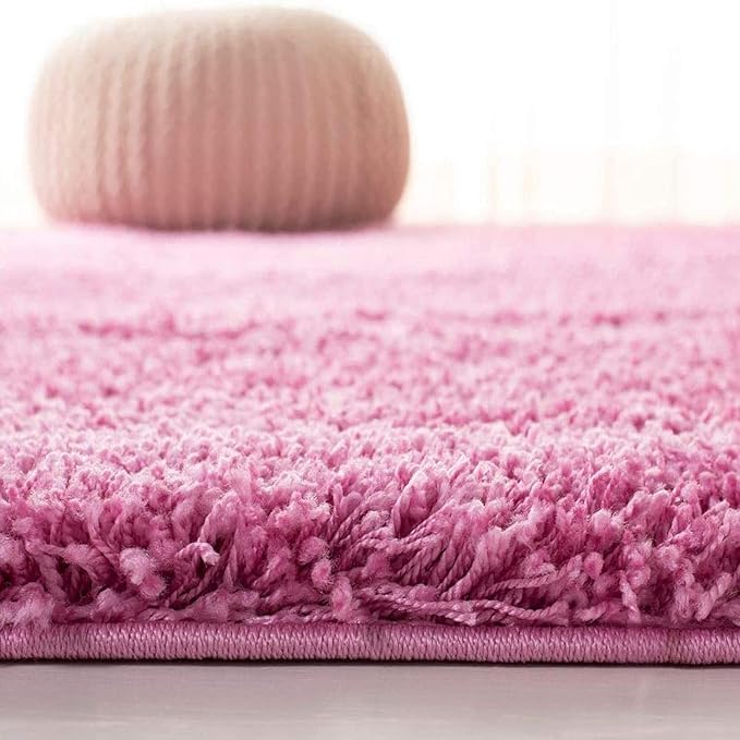 Baby Pink Handcrafted Round Solid Microfiber Plush Anti Skid Shaggy Carpet