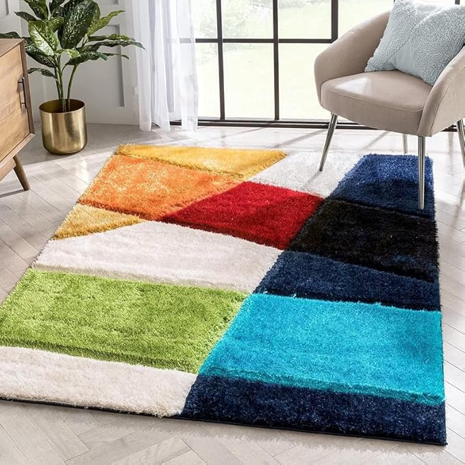 Multicolour Geometric Microfiber Plush Anti Skid Shaggy Carpet