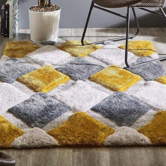 Yellow & White Handcrafted Microfiber Geometric Ultra Soft Shaggy Carpet