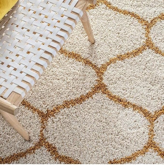 Off White & Mustard Moroccan Microfiber Plush Shaggy Carpet