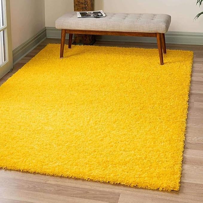 Yellow Handwoven Microfiber Plush Solid High Density Shaggy Carpet