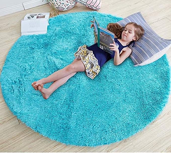 Sky Blue Handcrafted Round Solid Microfiber Plush Anti Skid Shaggy Carpet