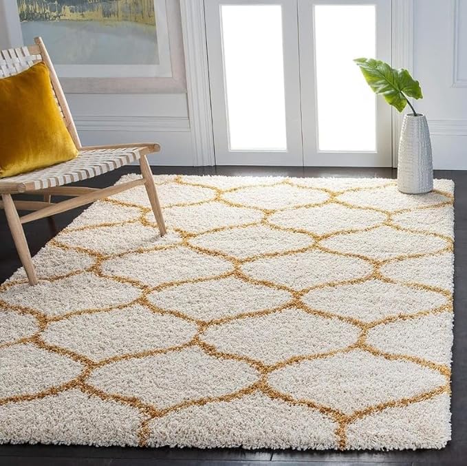 Off White & Mustard Moroccan Microfiber Plush Shaggy Carpet