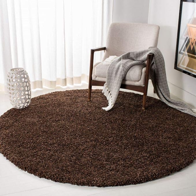 Dark Brown Handcrafted Round Solid Microfiber Plush Anti Skid Shaggy Carpet