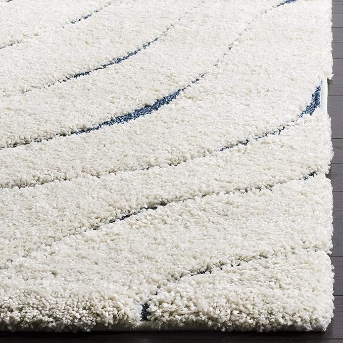 Ivory & Blue Microfiber Handcrafted Hi-Lo Wave Super Soft Shaggy Carpet