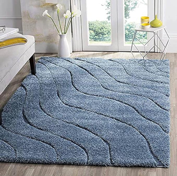 Blue Microfiber Handcrafted Hi-Lo Wave Super Soft Shaggy Carpet