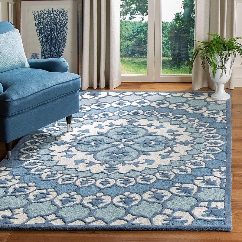 Blue Floral Hand Tufted High Low Pile Wool Carpet