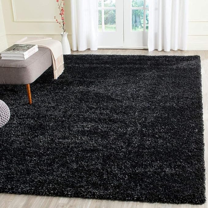 Black Handwoven Microfiber Plush Solid High Density Shaggy Carpet