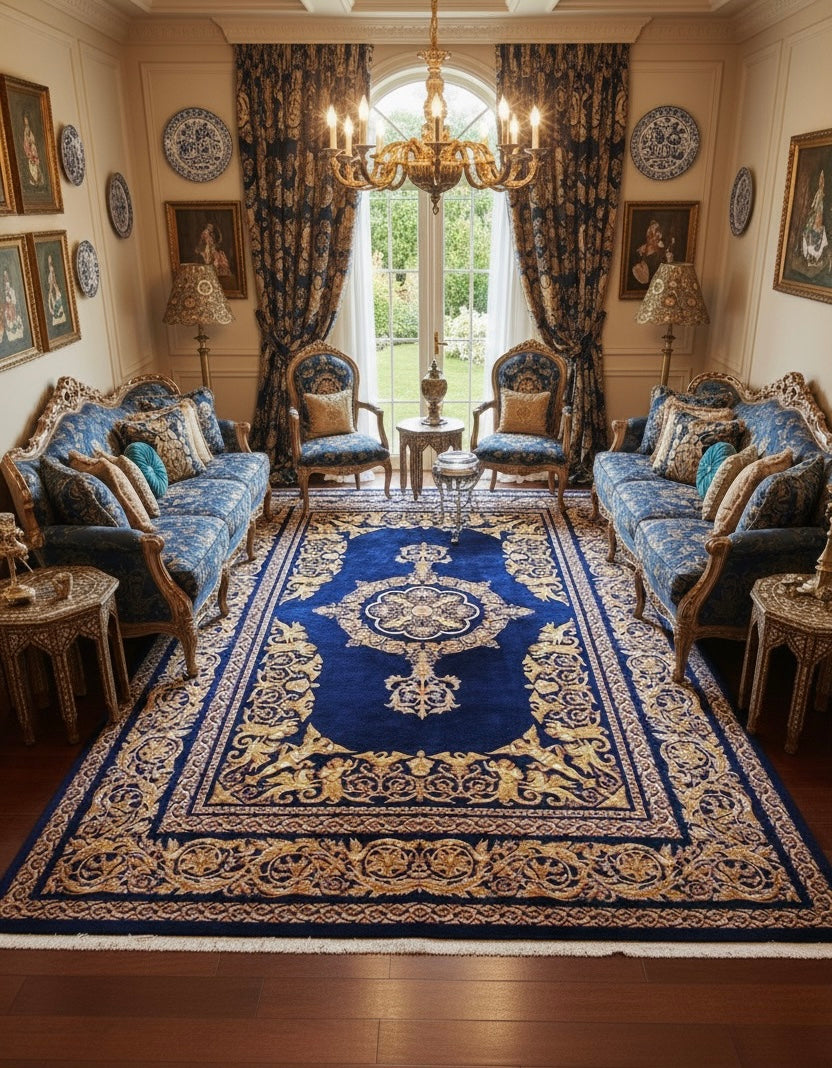Arohi Navy Blue & Gold Iranian Imported Silk Blend Rug 1500 Reeds