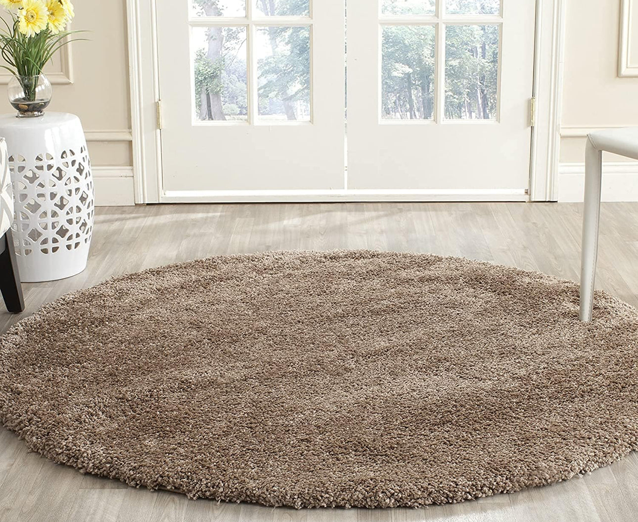 Beige Handcrafted Round Solid Microfiber Plush Anti Skid Shaggy Carpet