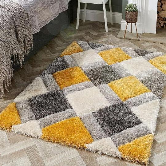 Yellow & White Handcrafted Microfiber Geometric Ultra Soft Shaggy Carpet