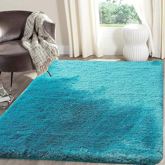 Blink Blue Microfiber Solid Handcrafted Ultra Soft Shaggy Carpet