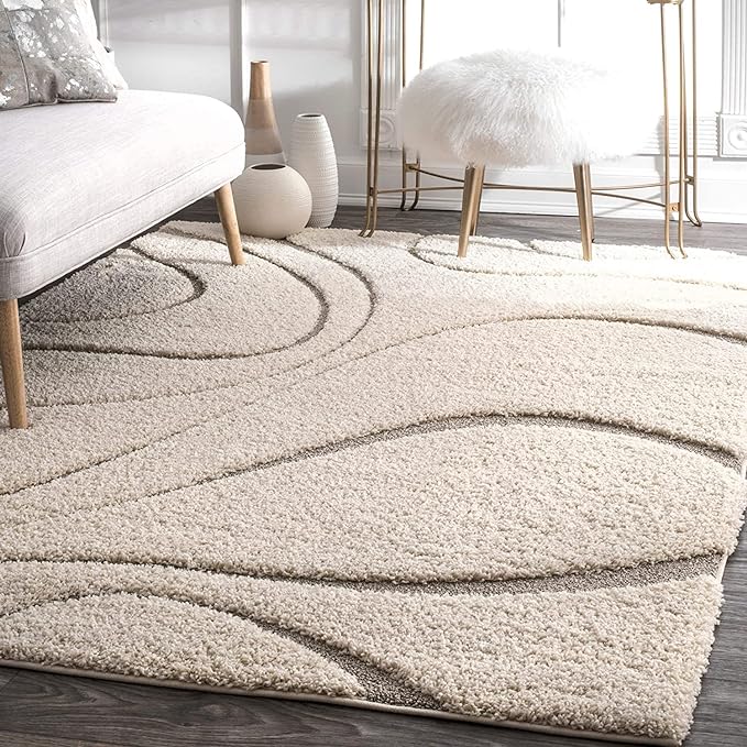 Cream Super Soft Microfiber Hi-Lo Pile Swirl Shaggy Carpet