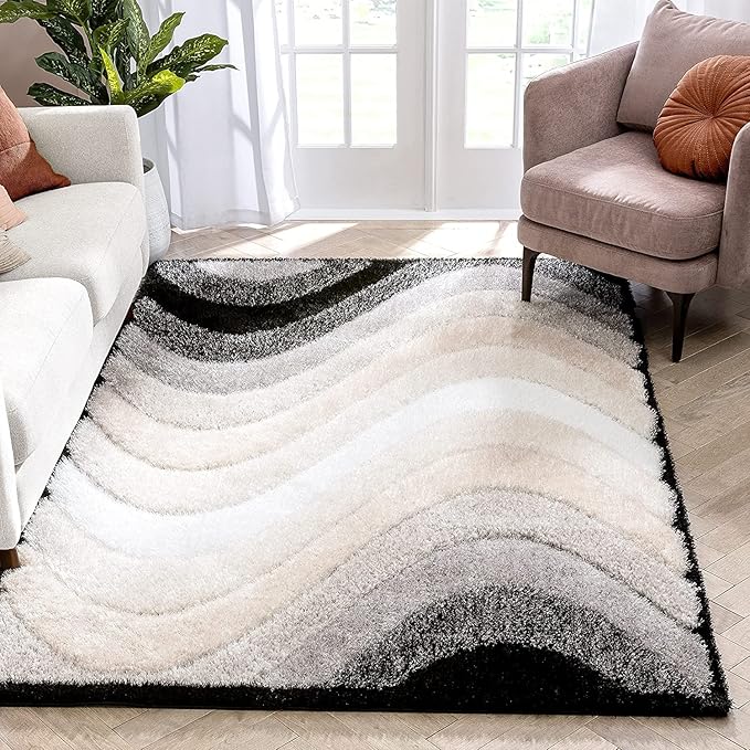 Black & Grey Wave Microfiber Super Soft Shaggy Carpet