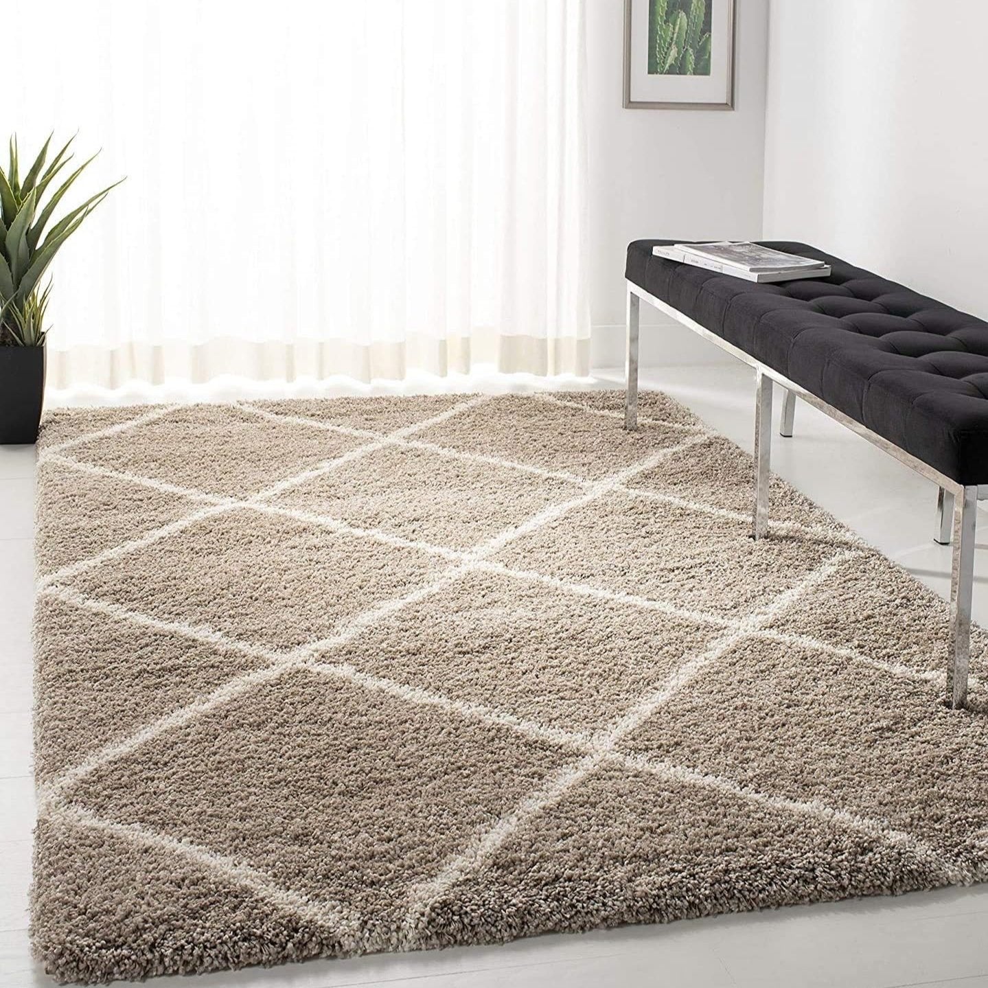 Beige & Ivory Handcrafted Microfiber Super Soft Diamond Trellis High Density Shaggy Carpet