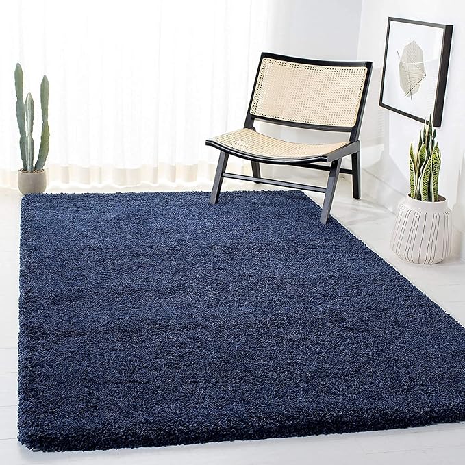 Blue Handwoven Microfiber Plush Solid High Density Shaggy Carpet