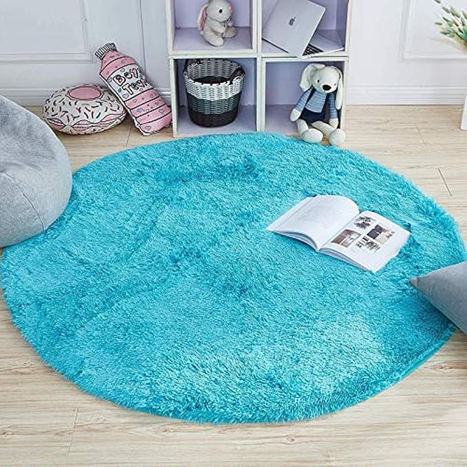 Sky Blue Handcrafted Round Solid Microfiber Plush Anti Skid Shaggy Carpet