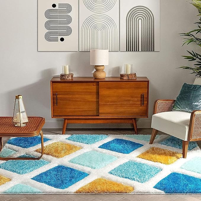 Turquoise Blue & Yellow Handcrafted Microfriber Fluffy Geometric Shaggy Carpet